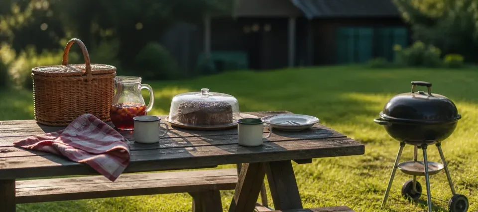 Stół z poczęstunkiem i grill podczas pikniku w ogrodzie